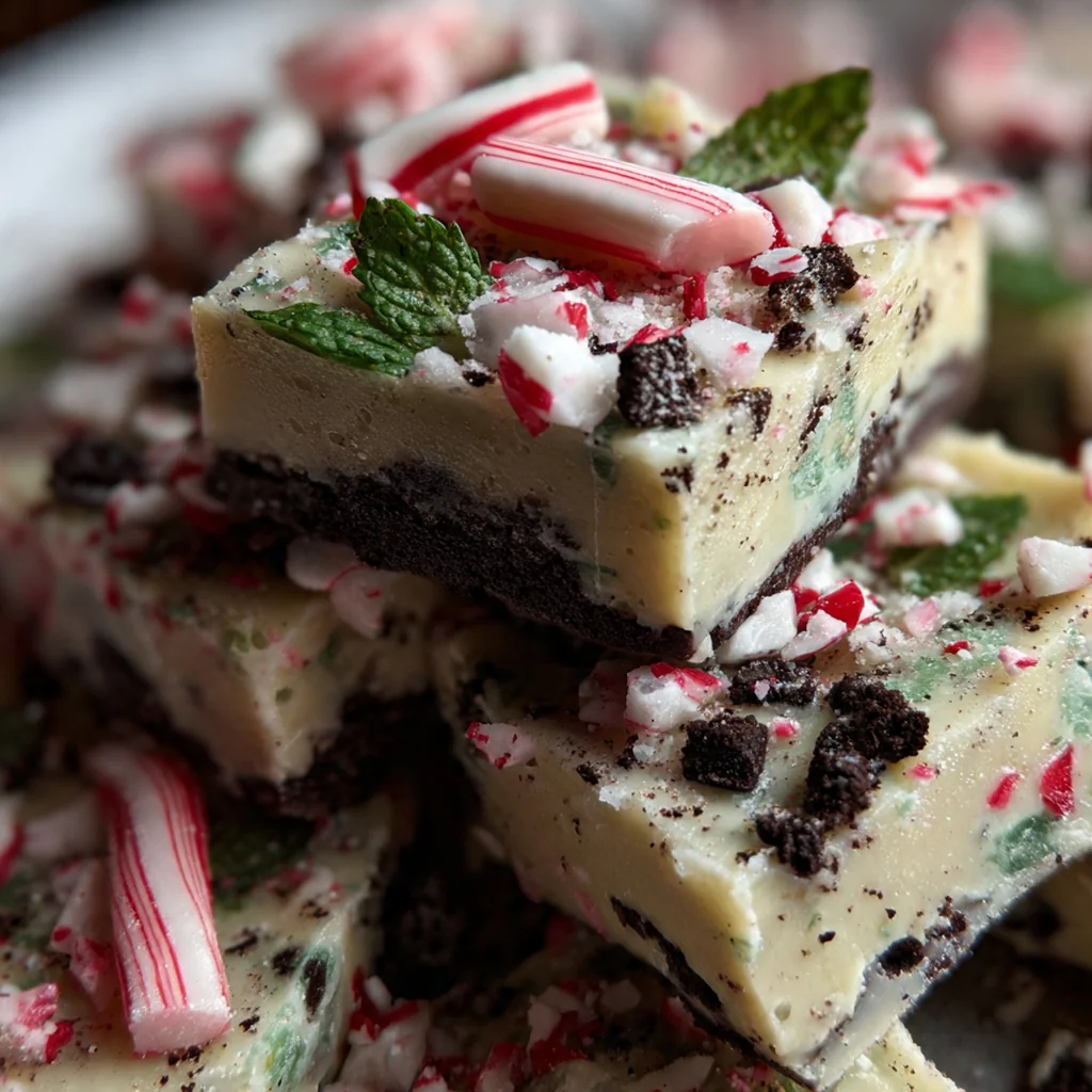 Close-up of creamy white chocolate mint fudge with chunks of dark Oreo cookie and a drizzle of chocolate.