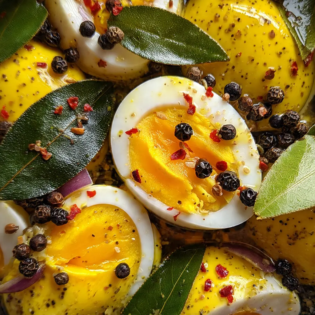 A rustic wooden table setting with a small bowl of mustard pickled eggs and crackers for snacking.