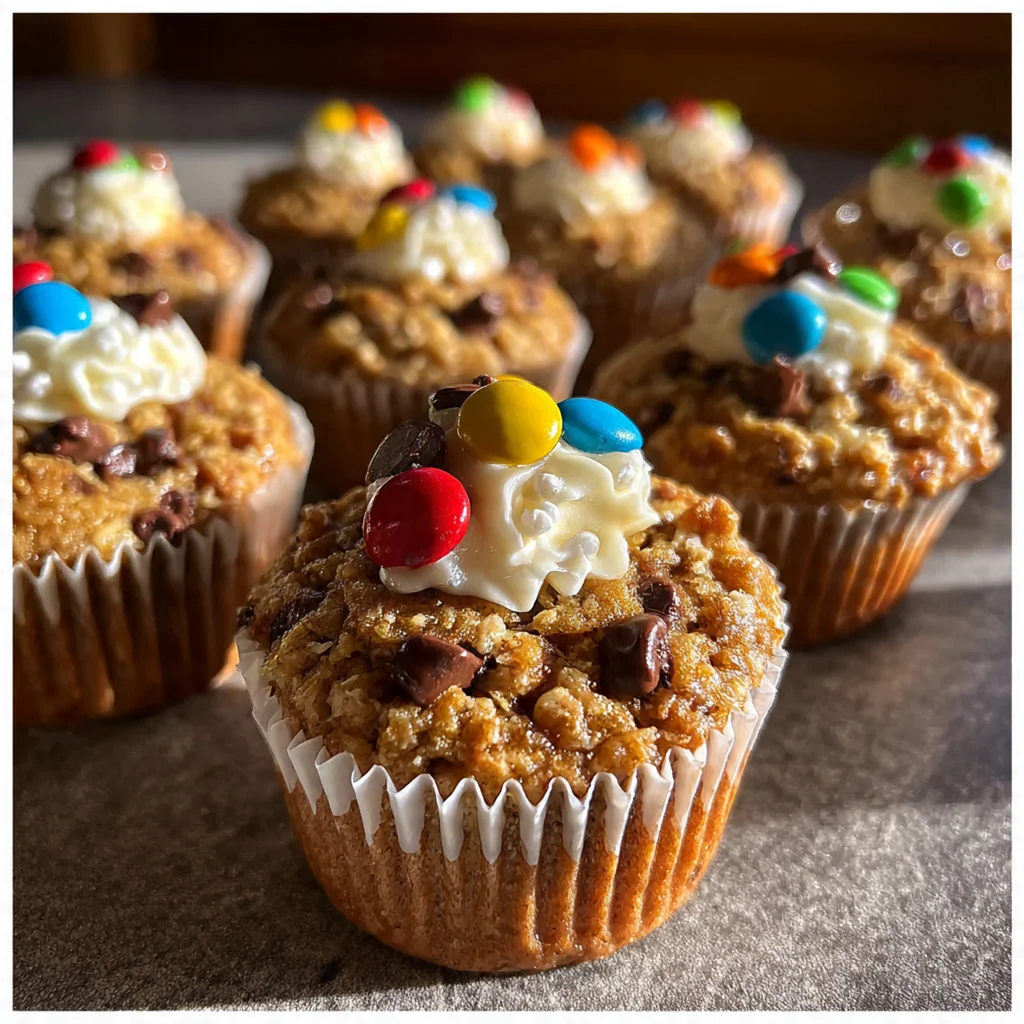 A hand placing a final M&M garnish on a freshly frosted peanut butter cupcake