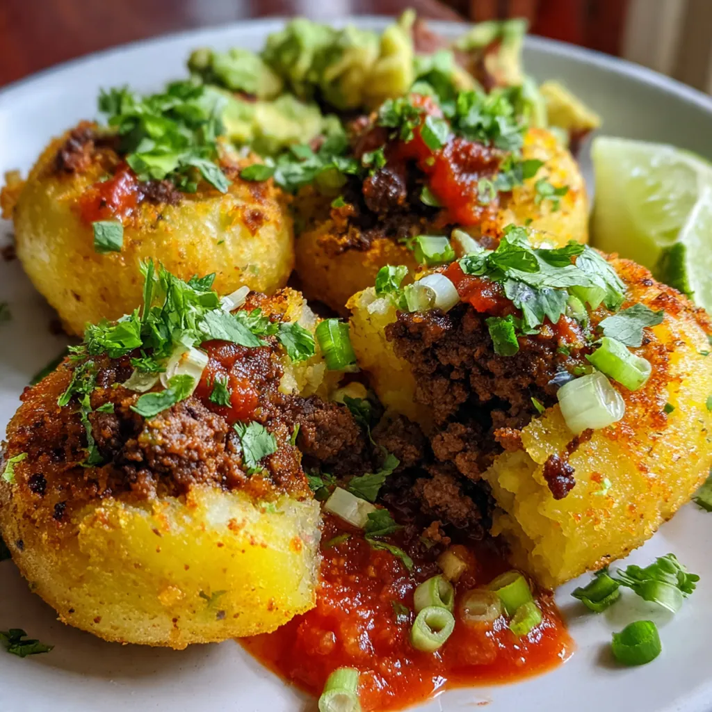 Close-up of a crispy papas rellena broken open to show the savory ground beef filling inside