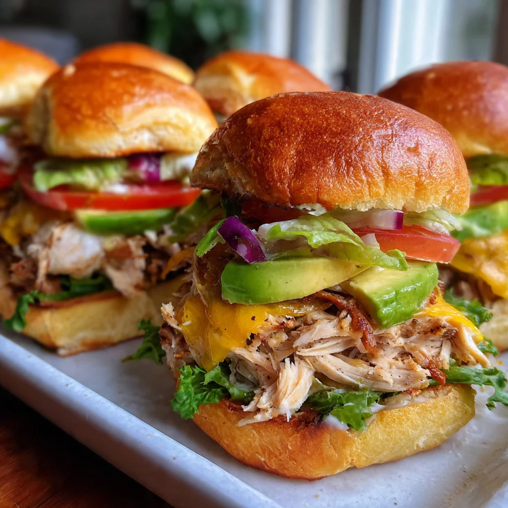 Close-up of a single slider with creamy herbed chicken salad and a crisp lettuce leaf