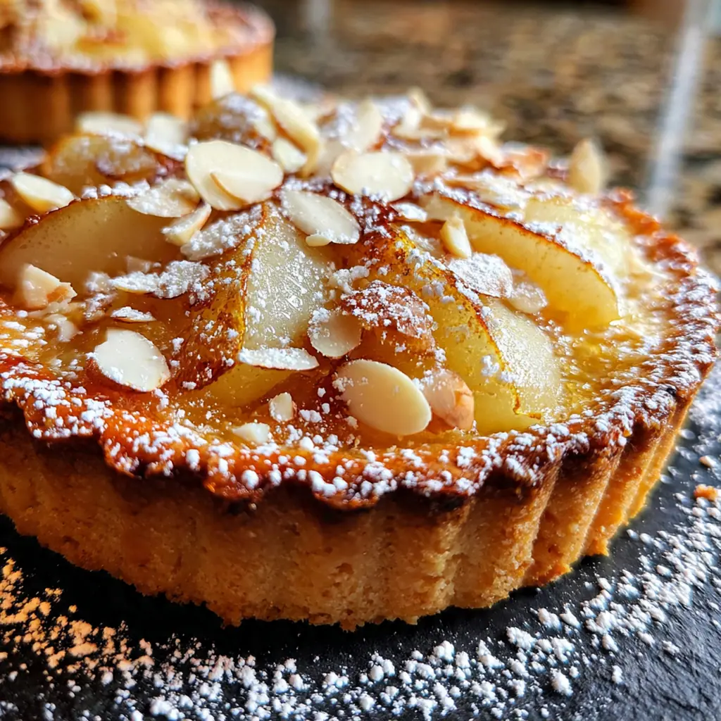 Close-up of a slice showing the crisp crust, moist frangipane, and tender glazed pears