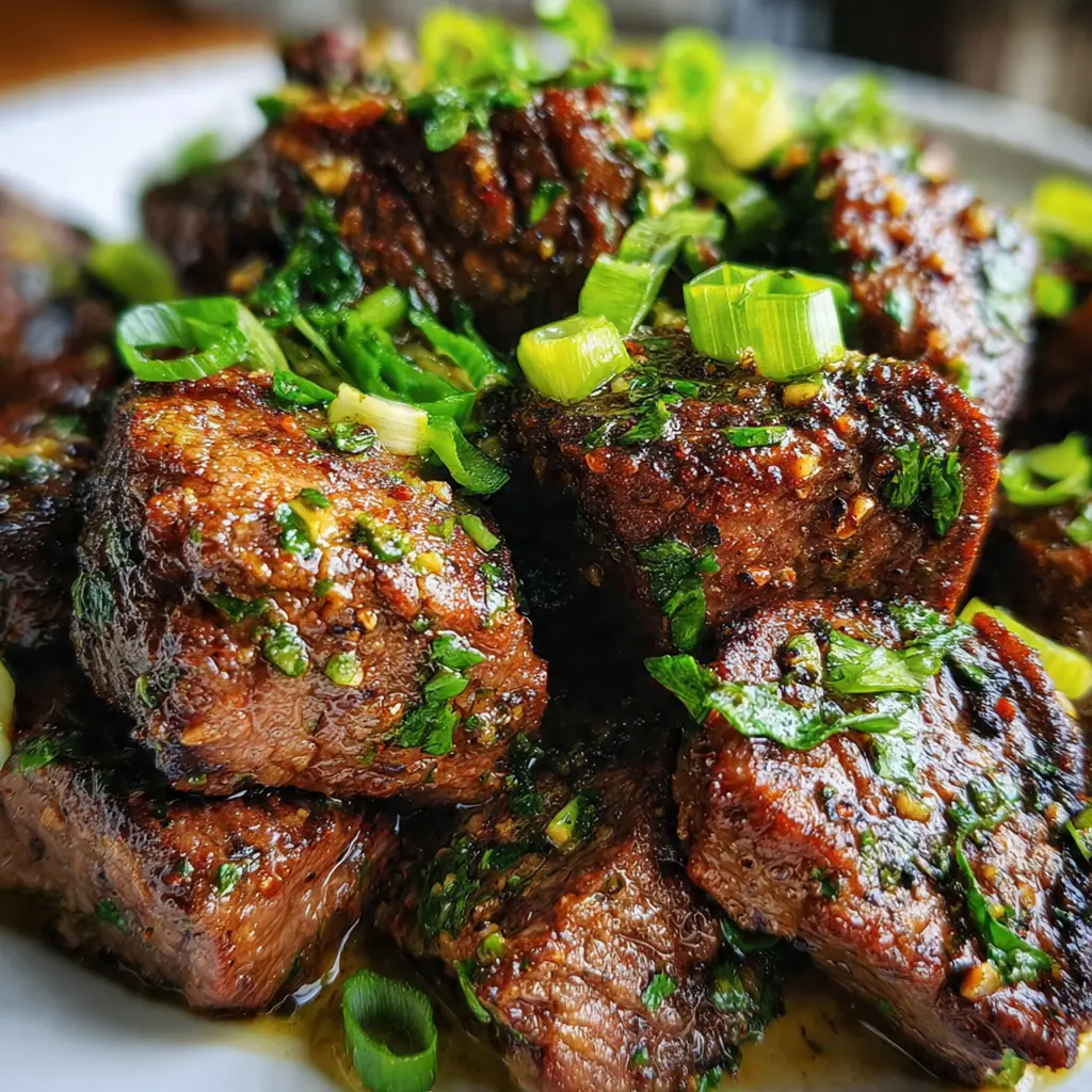 Platter of Cajun steak bites served over mashed potatoes with lemon wedges on the side