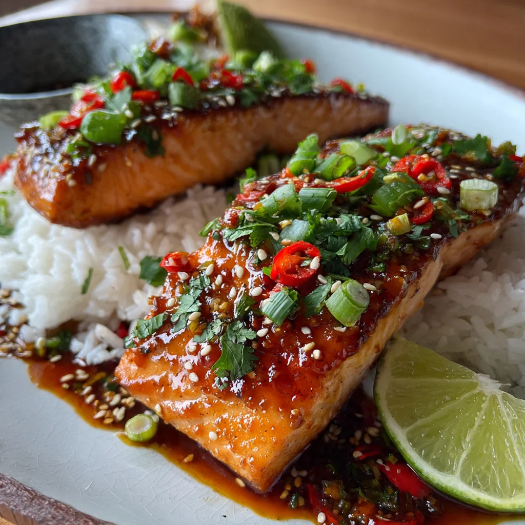 A complete dinner plate featuring sweet chili glazed salmon served over white rice with lime wedges and steamed broccoli