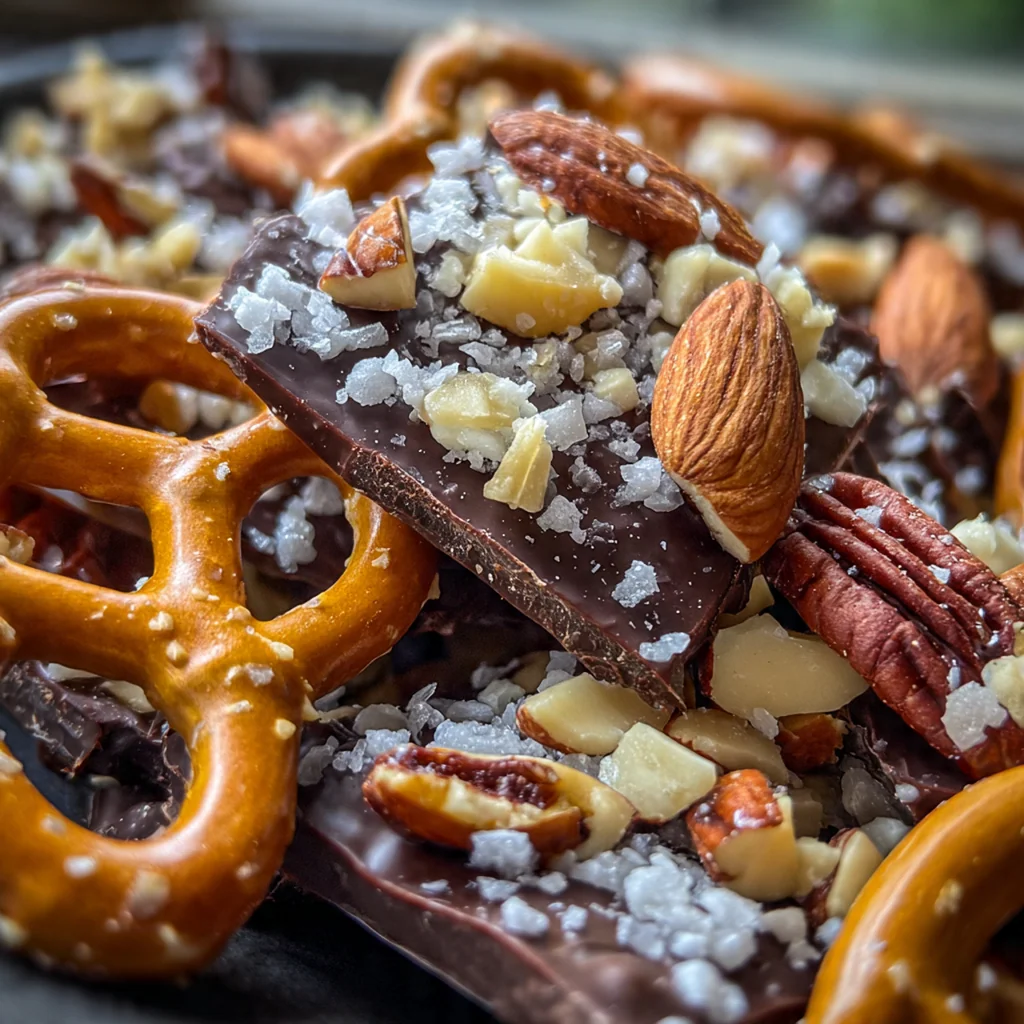 Close-up of glossy chocolate and toffee with pretzel bits and flaky sea salt