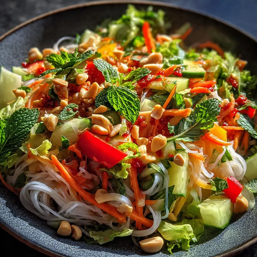 Overhead shot of a complete deconstructed spring roll salad bowl with lettuce, shrimp, and lime wedges on the side