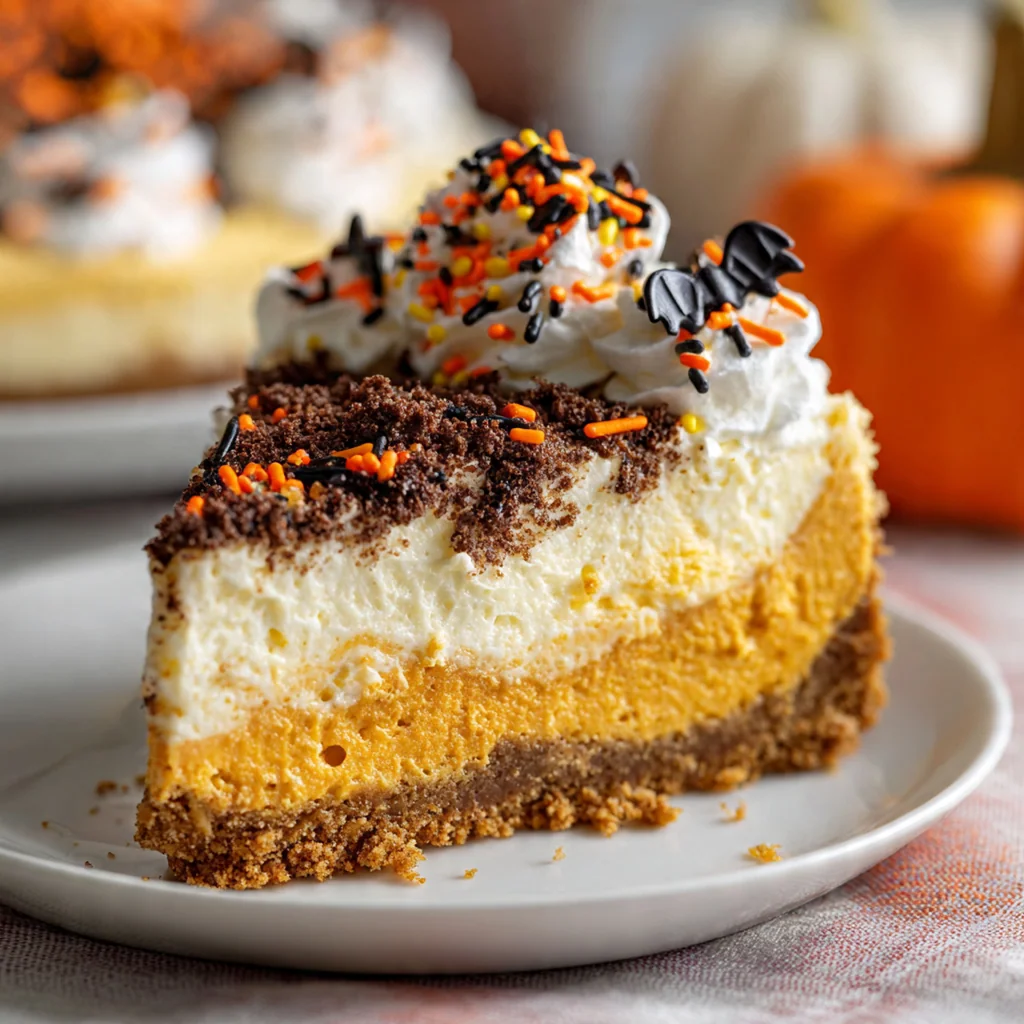Close-up slice of creamy orange cheesecake with a graham cracker crust and candy eyes on top