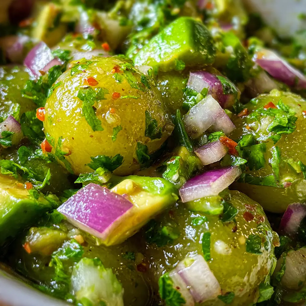 Close-up of creamy salsa showcasing roasted tomatillos and specks of cilantro