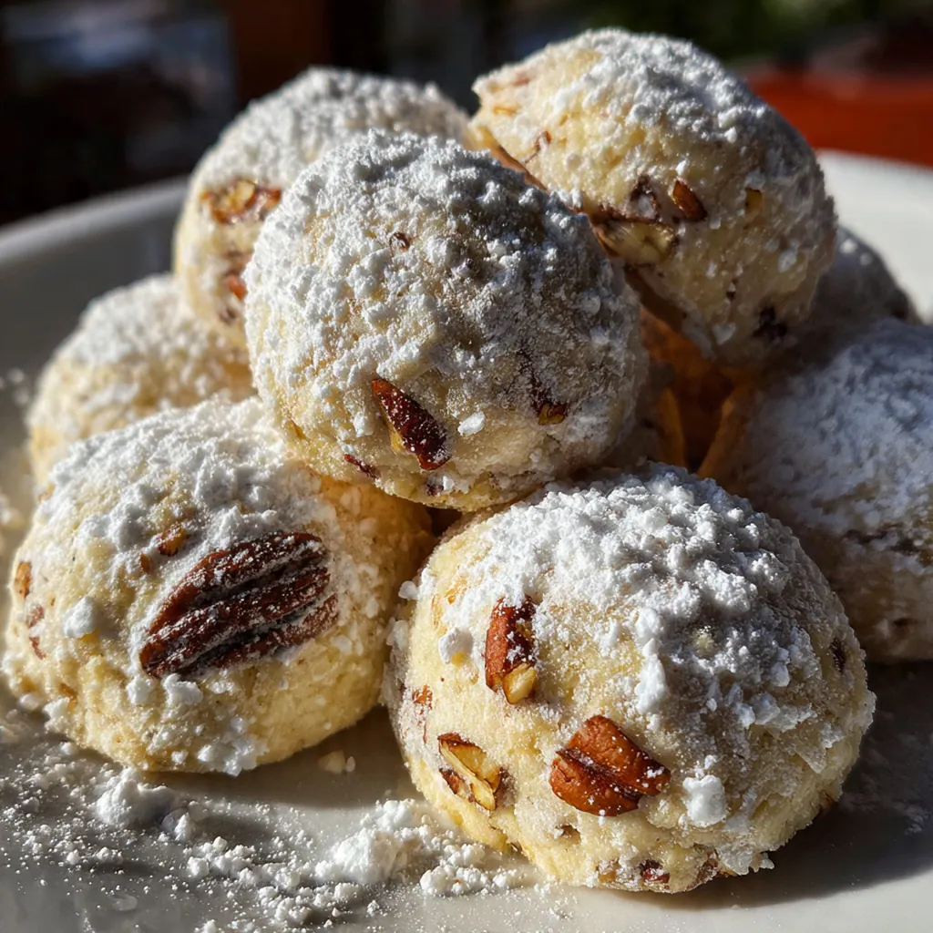 Close-up of a buttery Russian Tea Cake cookie with finely chopped walnuts visible inside