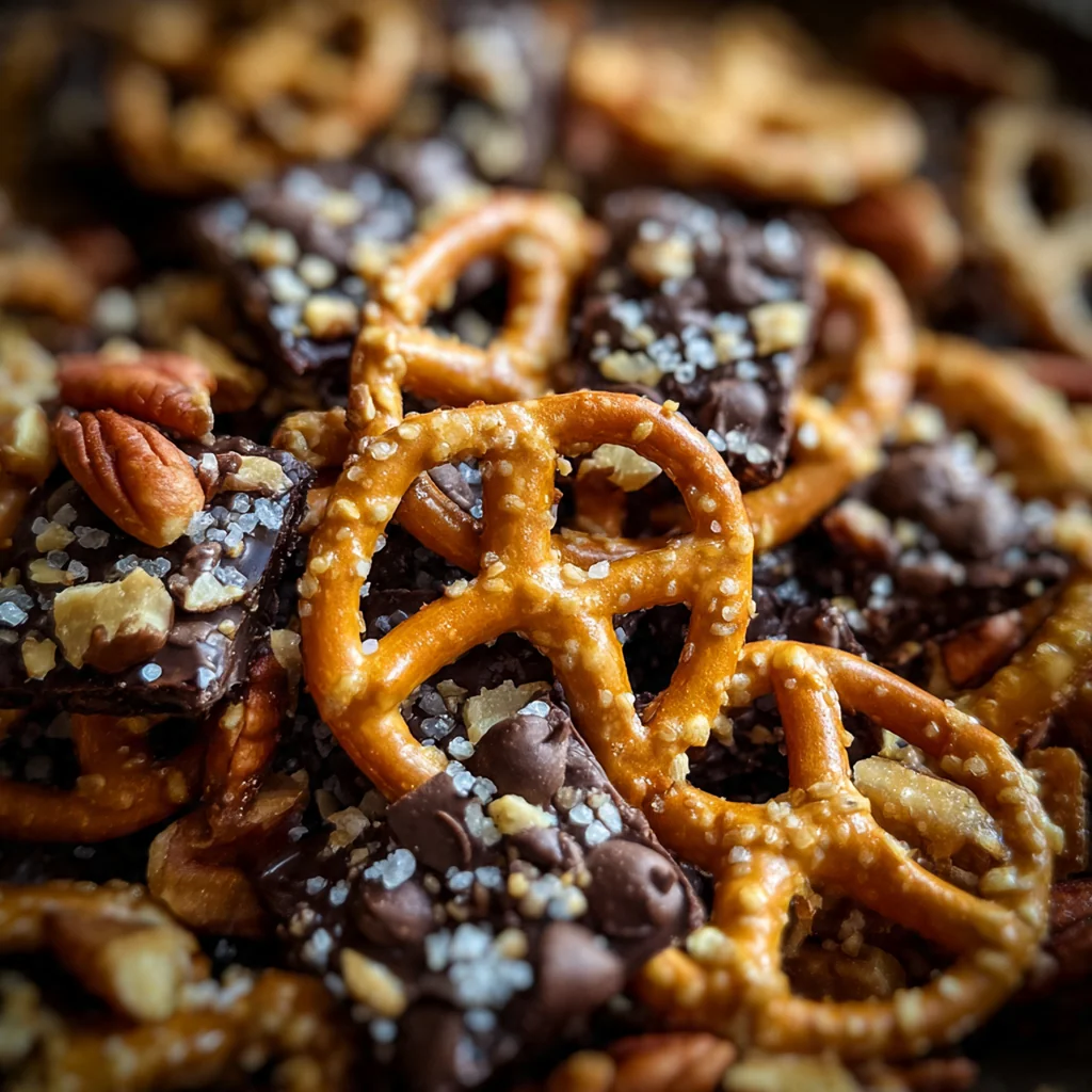 A cellophane bag filled with chocolate pretzel toffee pieces tied with a ribbon for gifting