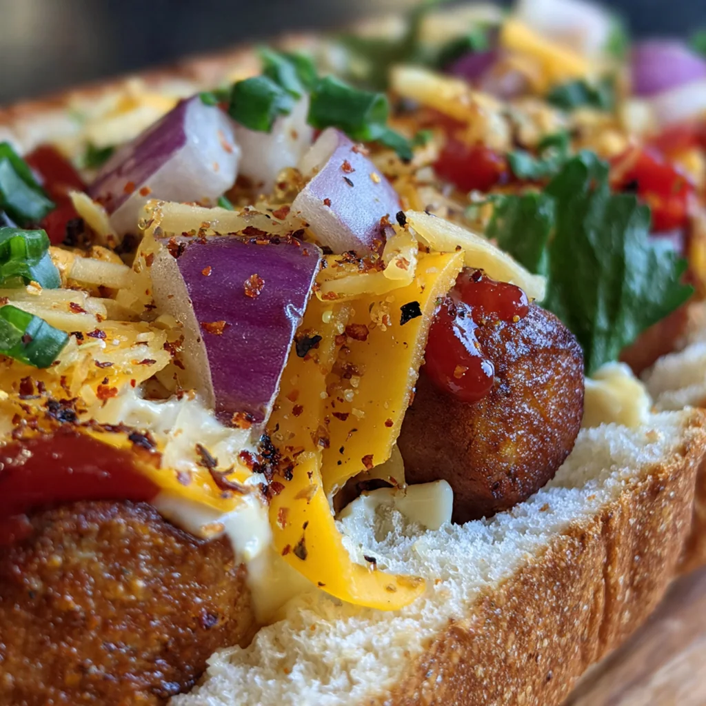 Close-up shot showing the gooey cheese pull and crispy bacon bits inside the toasted sourdough bread with a hot dog peeking out both ends