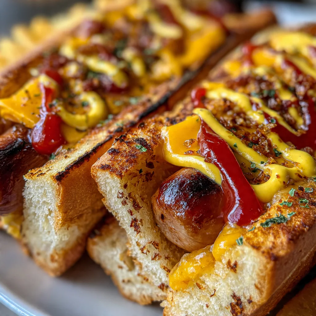 Plated grilled cheese dog with crispy pickle spears and fresh chives, served on a checked tablecloth with potato chips on the side