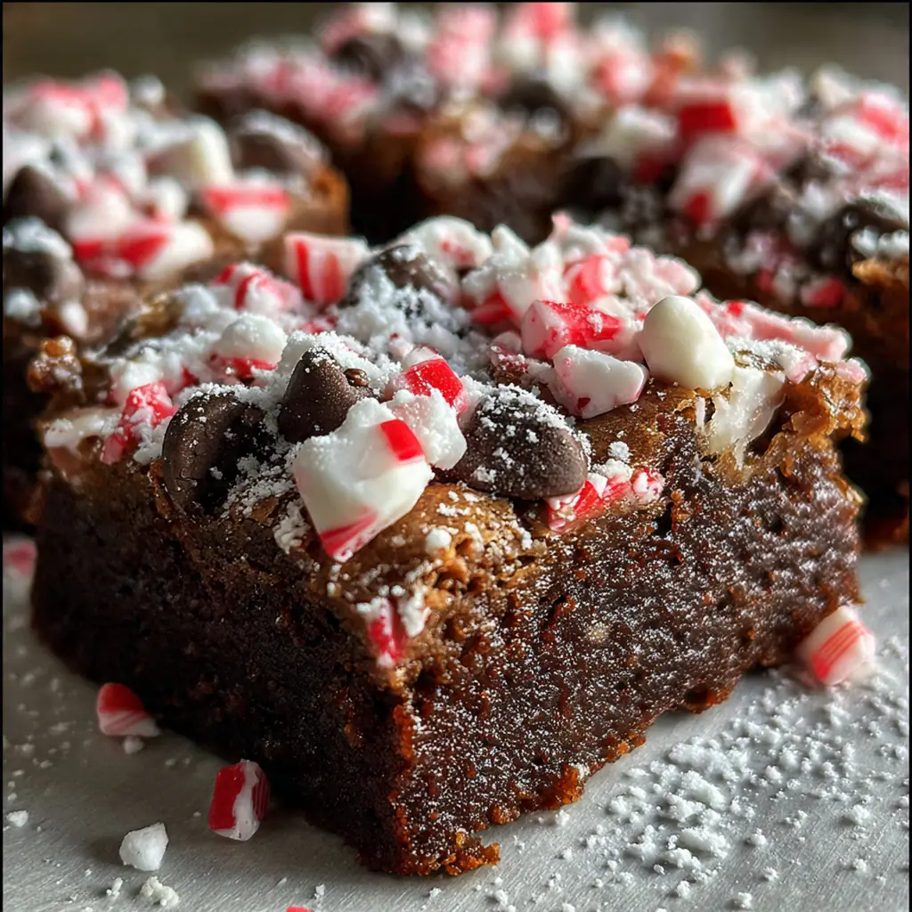 Close-up of a chewy chocolate bar sprinkled with crushed candy canes and drizzled white chocolate