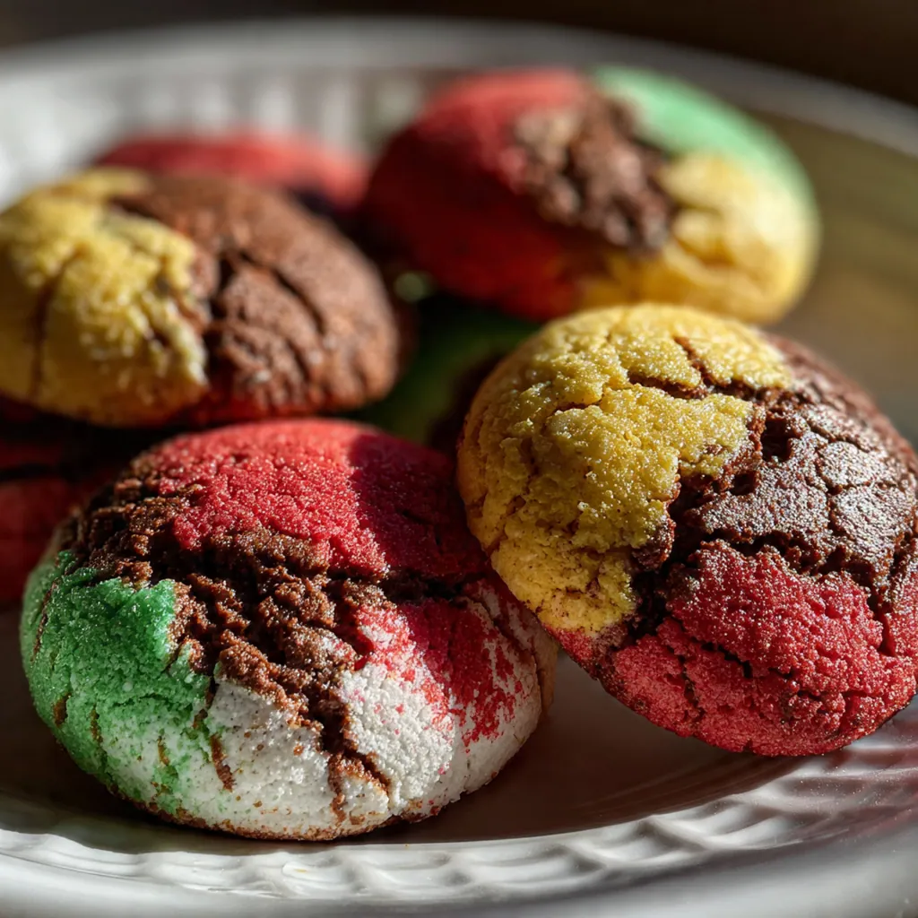 A festive platter of sliced Neapolitan cookies arranged next to a cup of espresso on a wooden table
