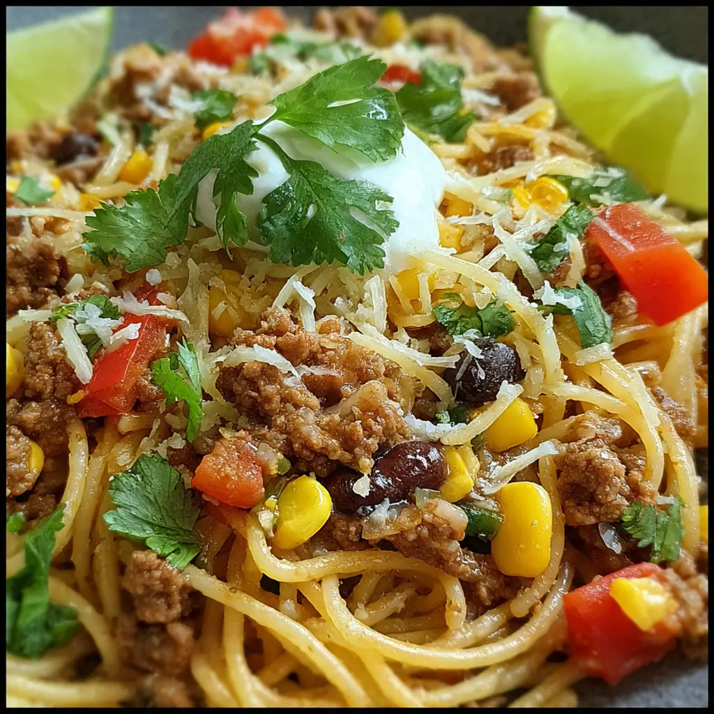 A full dinner plate featuring taco spaghetti alongside a green salad and a lime wedge