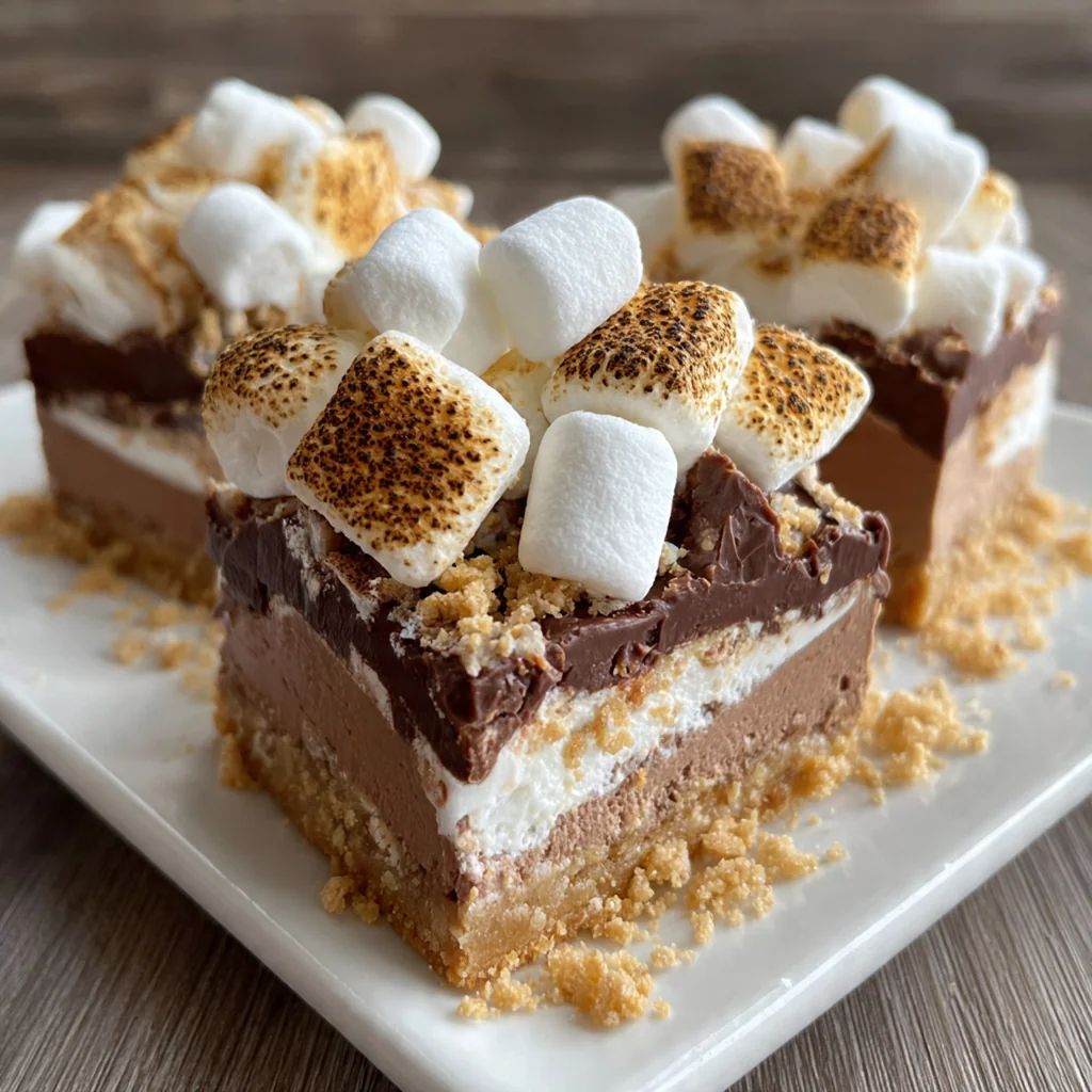 Close-up of a gooey marshmallow bar being pulled apart to show the fudgy brownie inside