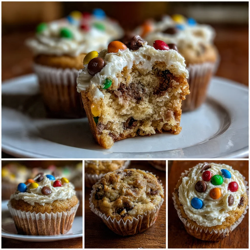Close-up of a cupcake cut in half showing the stuffed edible cookie dough center
