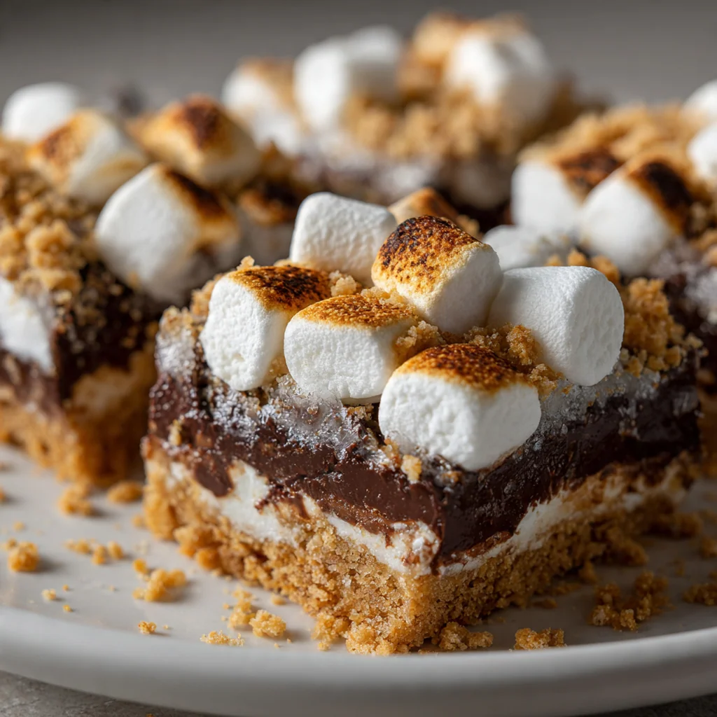 Squares of Marshmallow Hot Chocolate Bars stacked on a plate with a drizzle of chocolate syrup