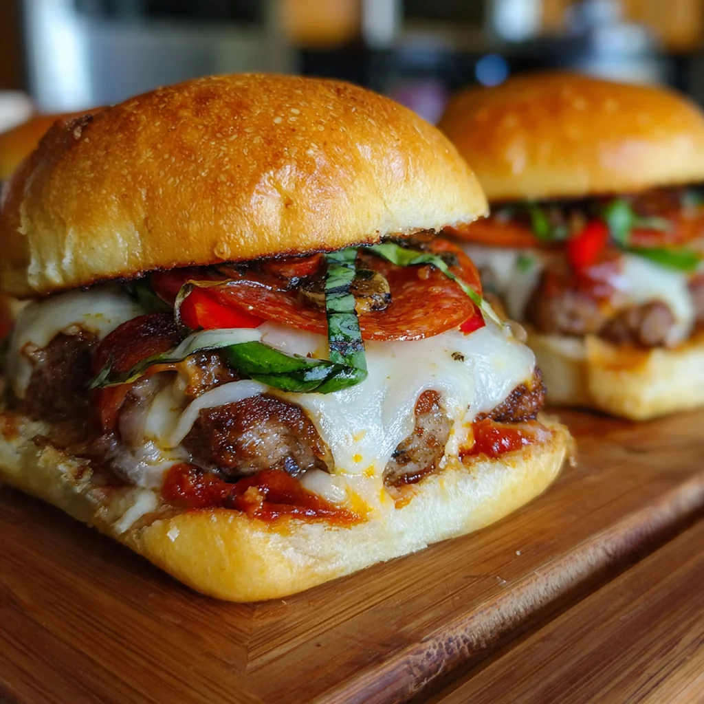 Juicy beef patty smothered in red sauce and cheese on a golden toasted bun