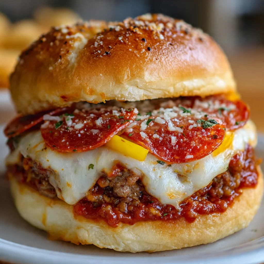 Assembled pizza burger with cheese pull and fresh basil garnish on a baking sheet