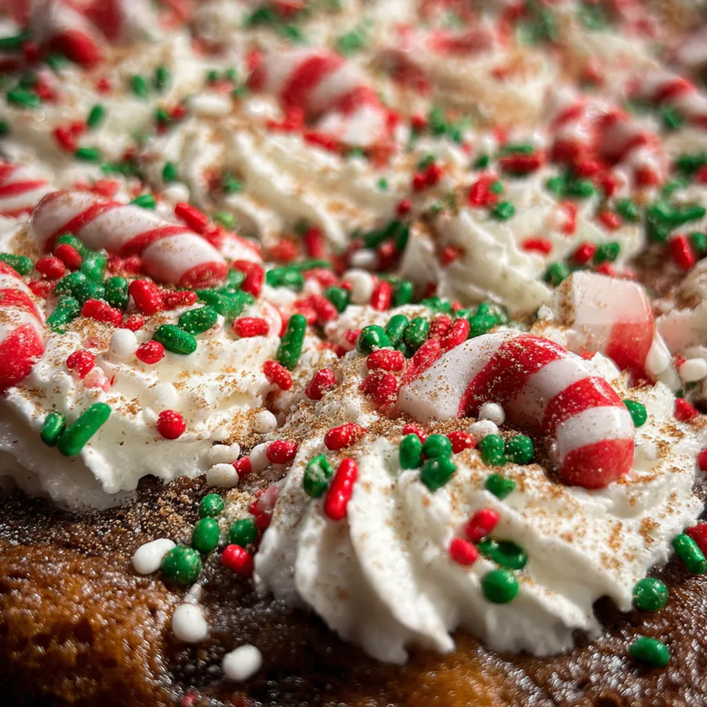 Close-up slice of spiced sheet cake showing tender crumb and thick layer of frosting