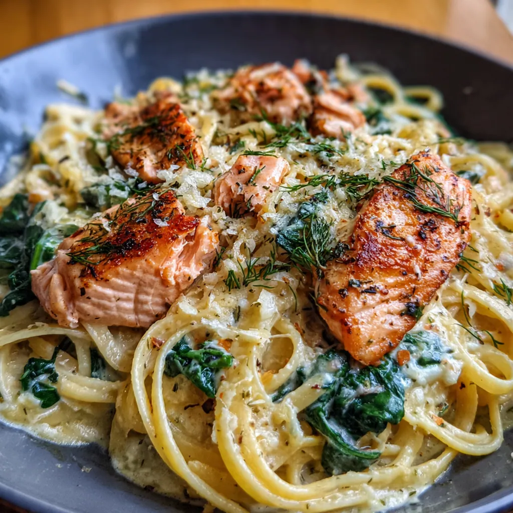 Close-up of a fork twirling fettuccine with pieces of salmon and fresh dill in a creamy lemon sauce