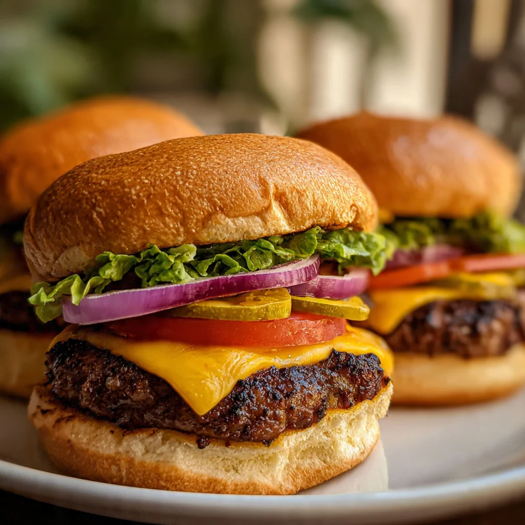 A fully assembled Oklahoma Onion Burger on a plate next to a pile of crispy french fries and pickles