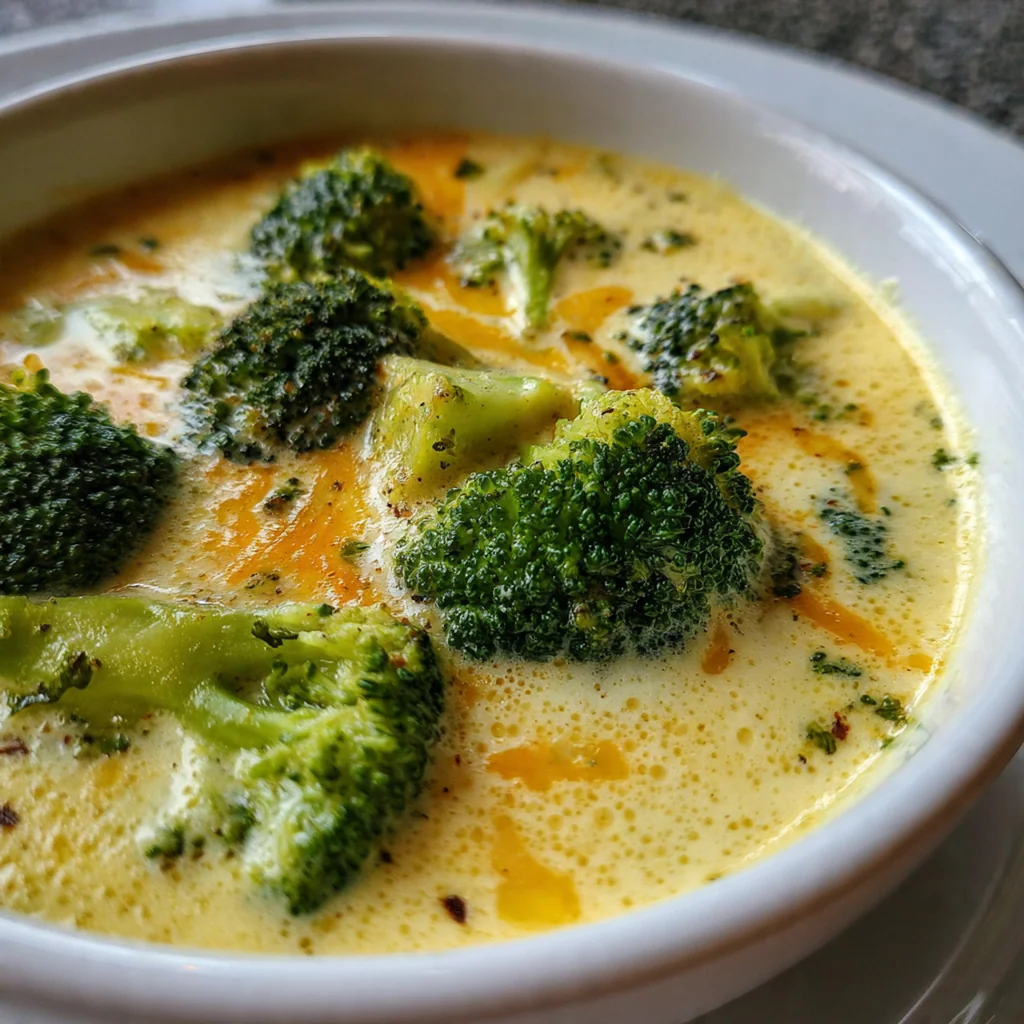 Close-up of a spoonful of thick soup with bits of carrot and broccoli