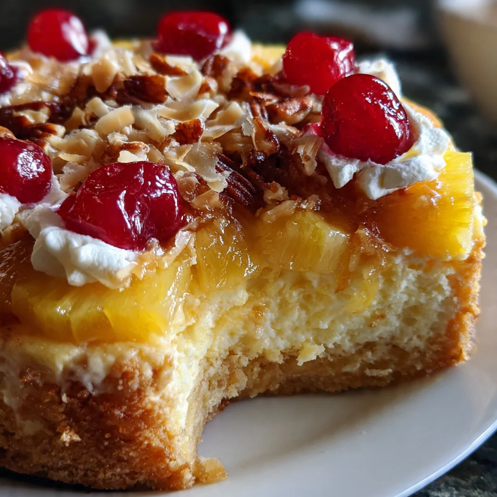 Close-up slice of the cheesecake showing the creamy vanilla filling and graham cracker crust beneath the fruit