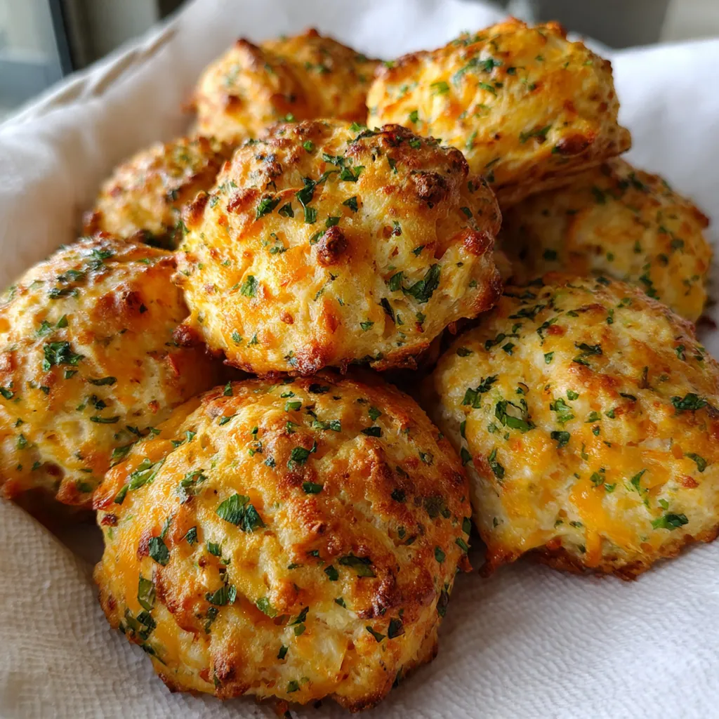 Close-up of a flaky biscuit split open to reveal chunks of sweet lump crab and melted cheddar cheese