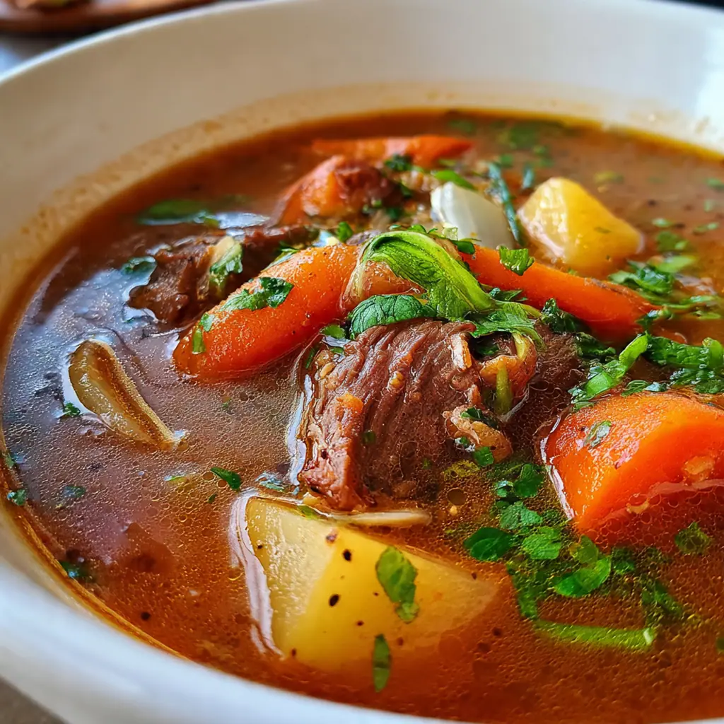 Close-up of browned beef cubes and diced carrots, celery, and sweet potato in a Dutch oven