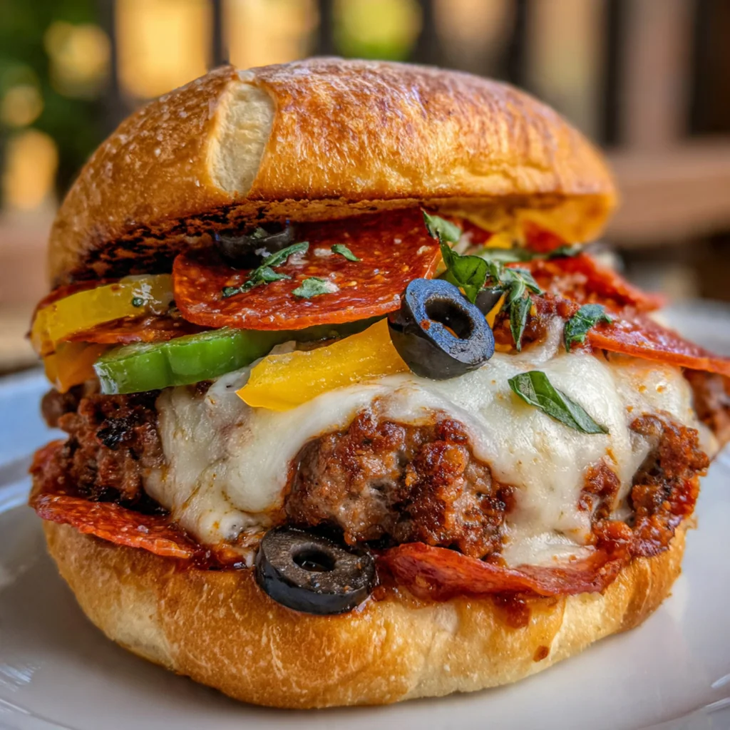 Close-up of pizza burger showing melty cheese pull and pepperoni topping