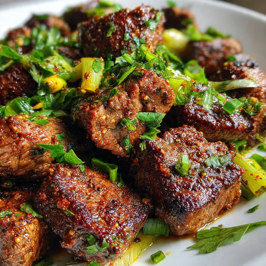 Close-up shot of tender steak cubes coated in rich butter sauce with flecks of fresh parsley and garlic