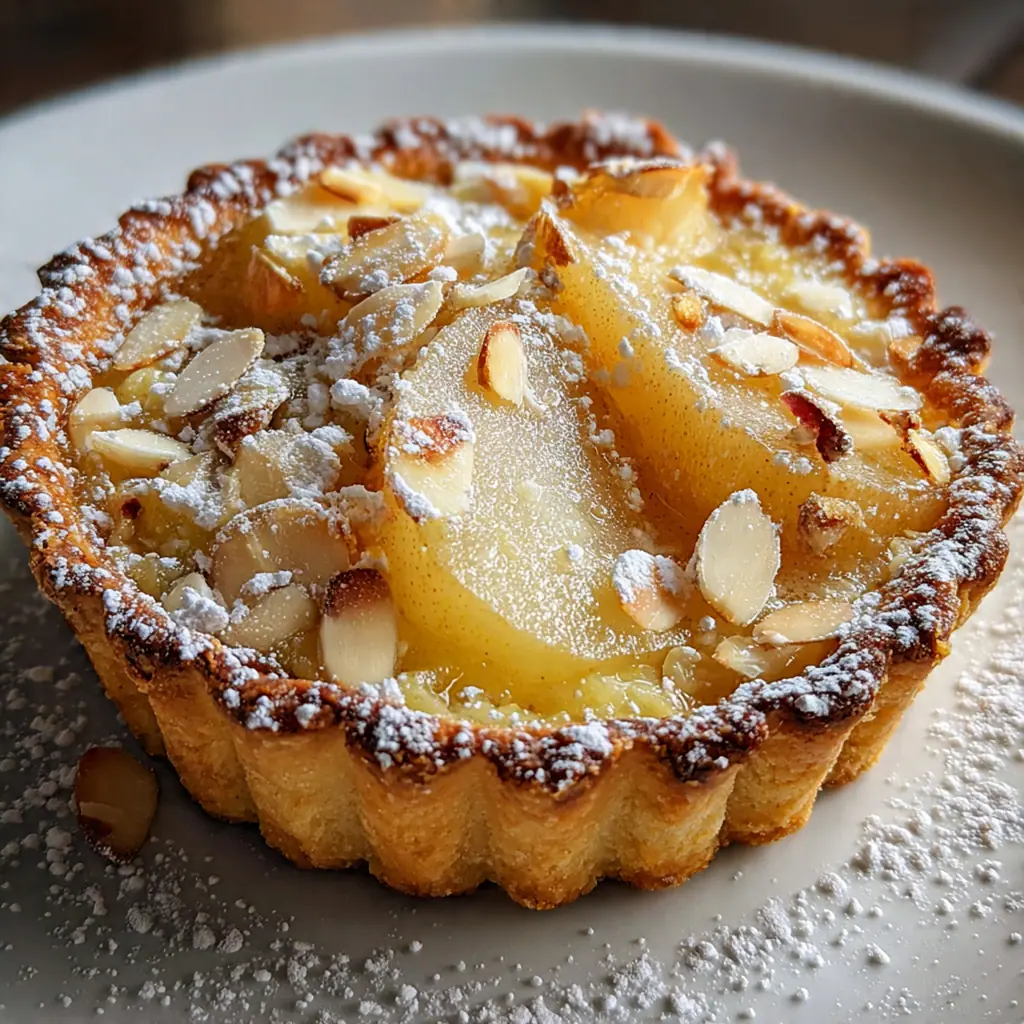 The tart presented on a rustic wooden board with a dusting of powdered sugar and a cup of coffee beside it