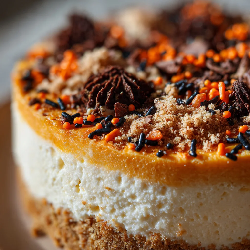Overhead view of a fully decorated Halloween cheesecake with sprinkles and piped bat designs