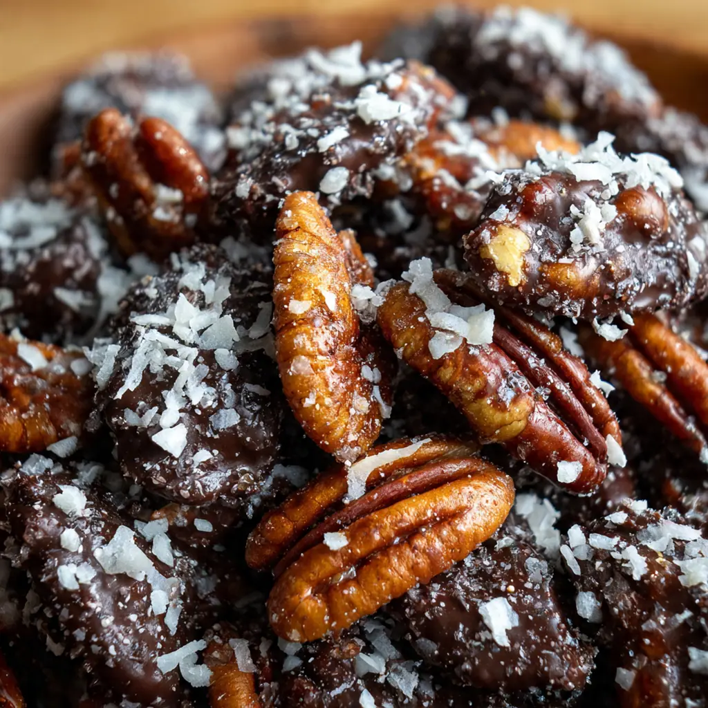Close-up of a single chocolate dipped pecan half showing the perfect coating and toasted nut inside
