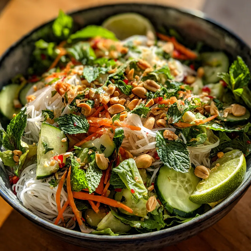 Close-up of fresh herbs and chopped peanuts scattered over a bright lime and fish sauce dressing