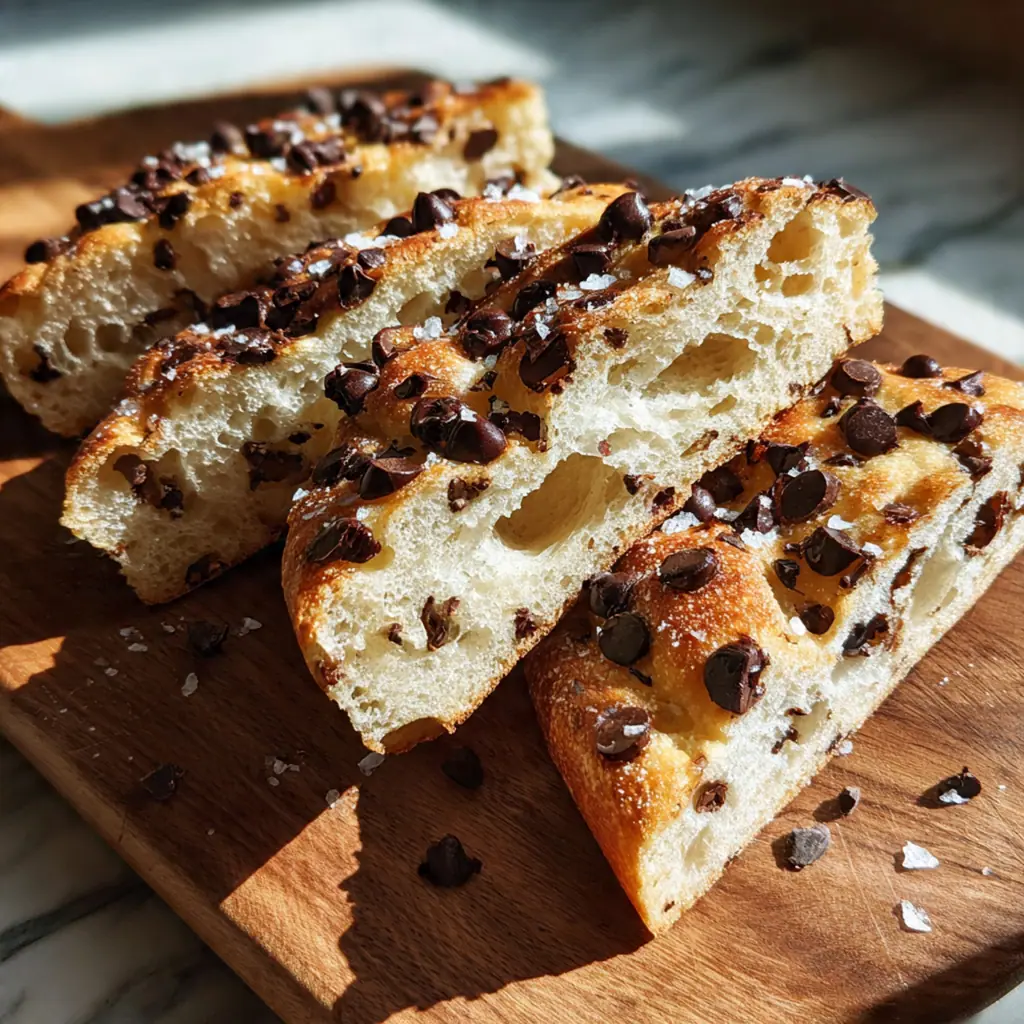 A rustic wooden board holding the whole chocolate focaccia, dusted with powdered sugar and ready to slice