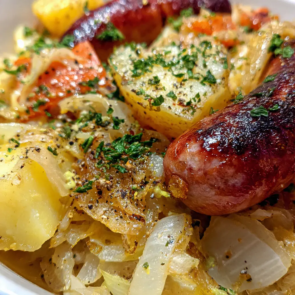 Close-up of caramelized kielbasa rounds nestled among golden potatoes and tangy sauerkraut