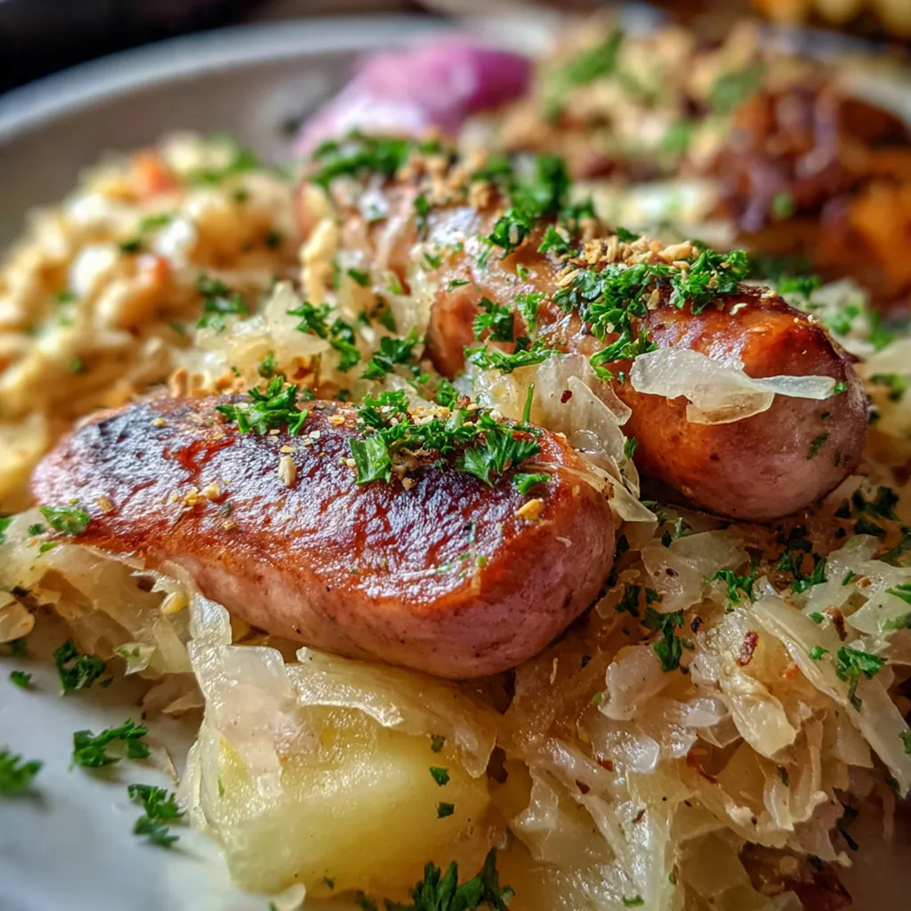 A rustic wooden bowl filled with steaming Polish sausage and sauerkraut garnished with fresh parsley