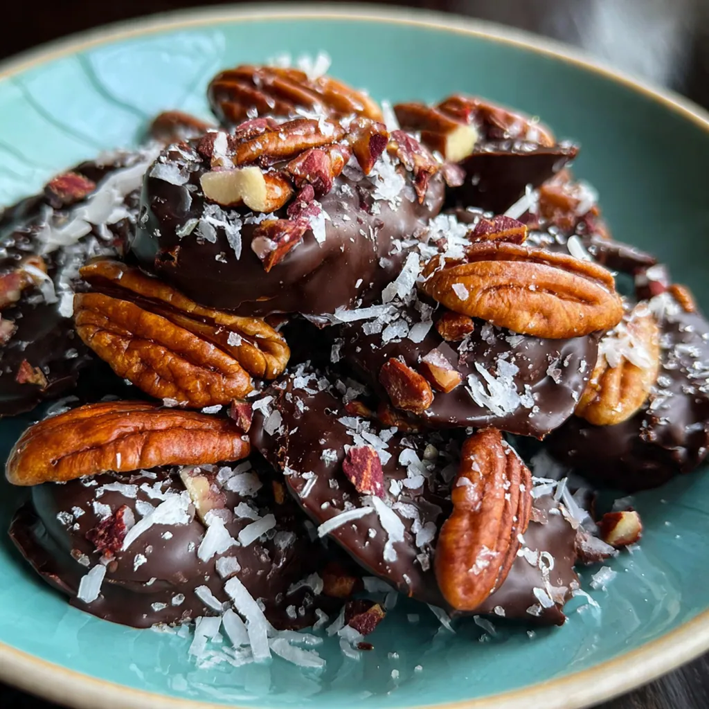 Ingredients for chocolate covered pecans arranged beautifully: raw pecans, chocolate chips, coconut oil, and vanilla extract