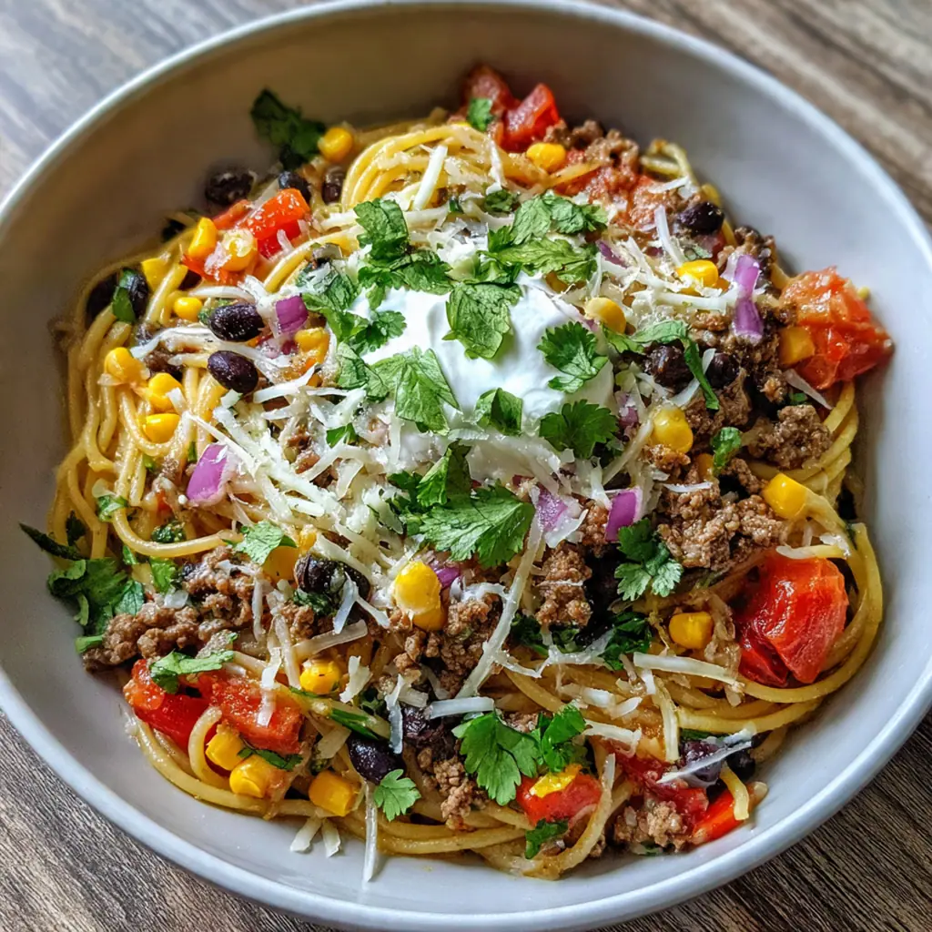 Close-up of a fork twisting through cheesy pasta with bits of corn and seasoned beef