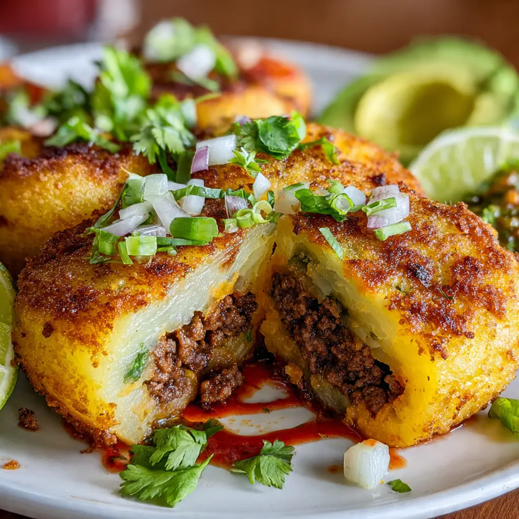 A casual overhead shot of papas rellenas served with lime wedges and a cold drink on a patterned cloth