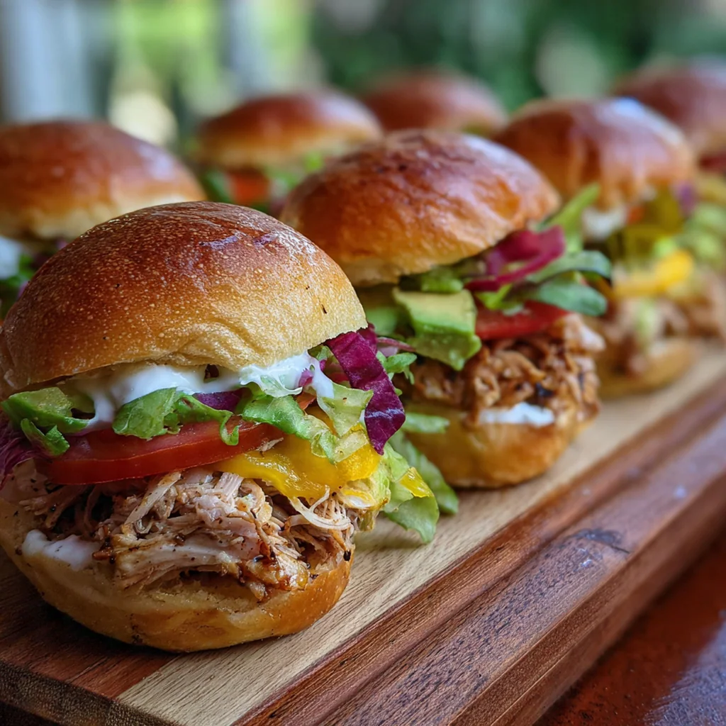 Overhead shot of the slider assembly with shredded chicken mixture and cheese halves on a baking sheet