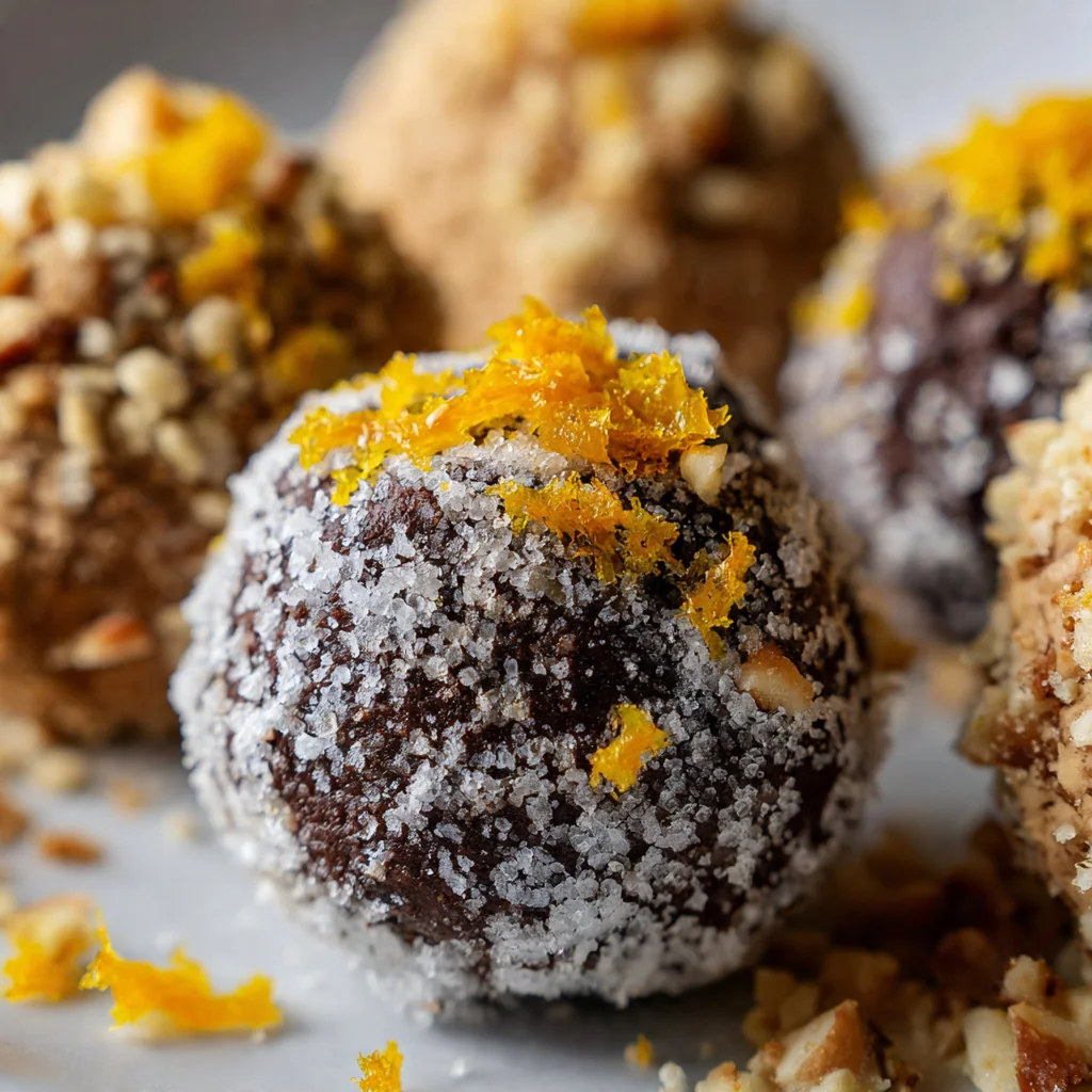 A beautiful arrangement of orange truffles in a gift box, some rolled in cocoa and others dusted with powdered sugar