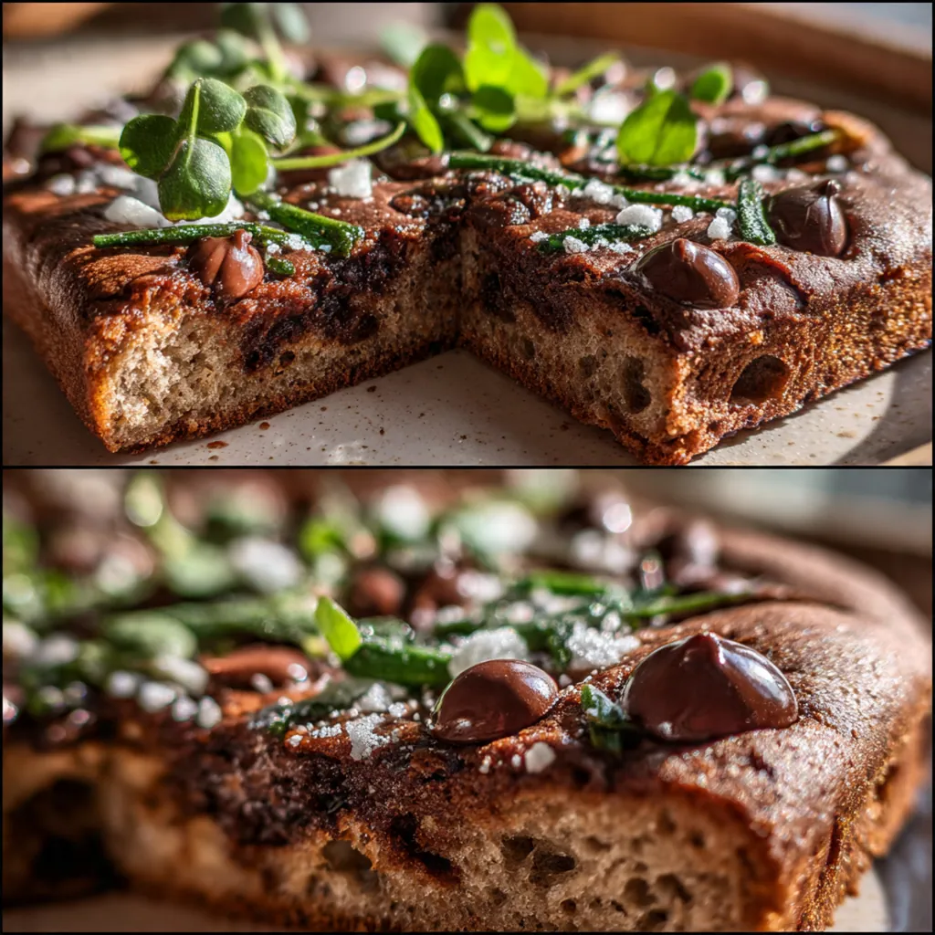 Close-up of a slice of chocolate focaccia showing its soft, airy crumb and gooey chocolate chips