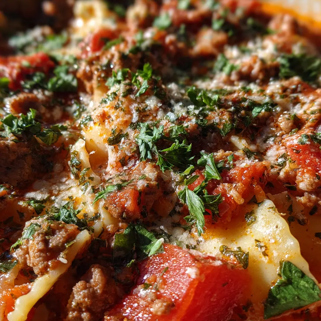 Close-up of a spoon dipping into rich lasagna soup, capturing broken noodles, sausage, and melted cheese