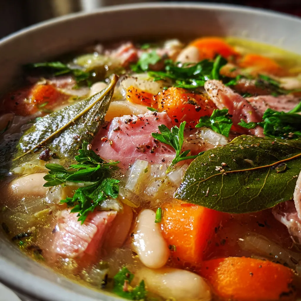 Overhead view of ingredients for ham bean soup including a ham bone, dried beans, and diced vegetables