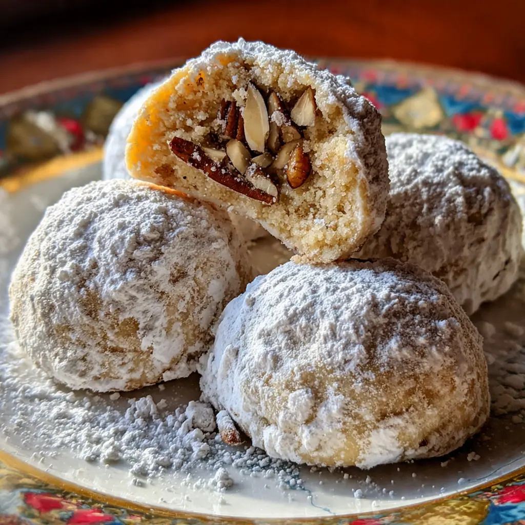 A holiday cookie platter featuring snowy Russian Tea Cakes next to a cup of steaming tea