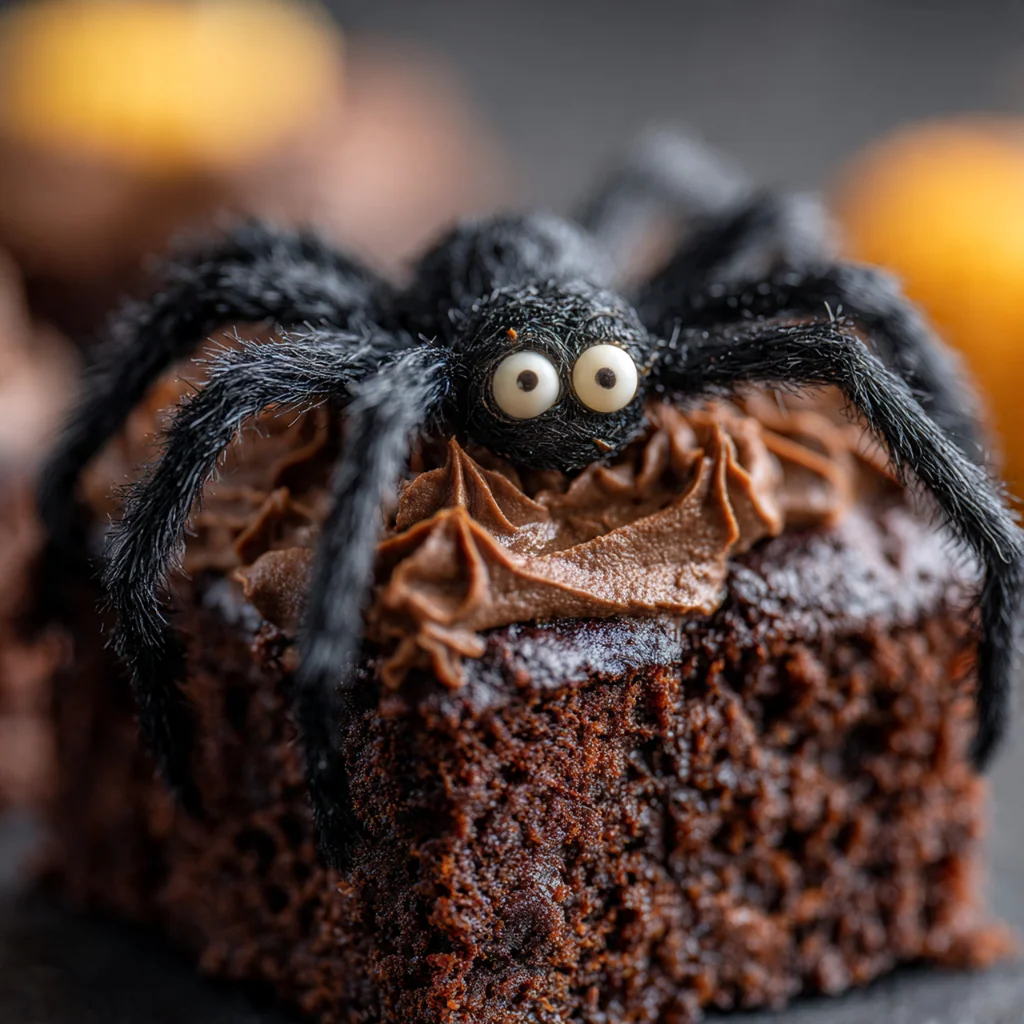 A spooky Halloween Spider Cake with glossy black frosting and creepy candy eyes